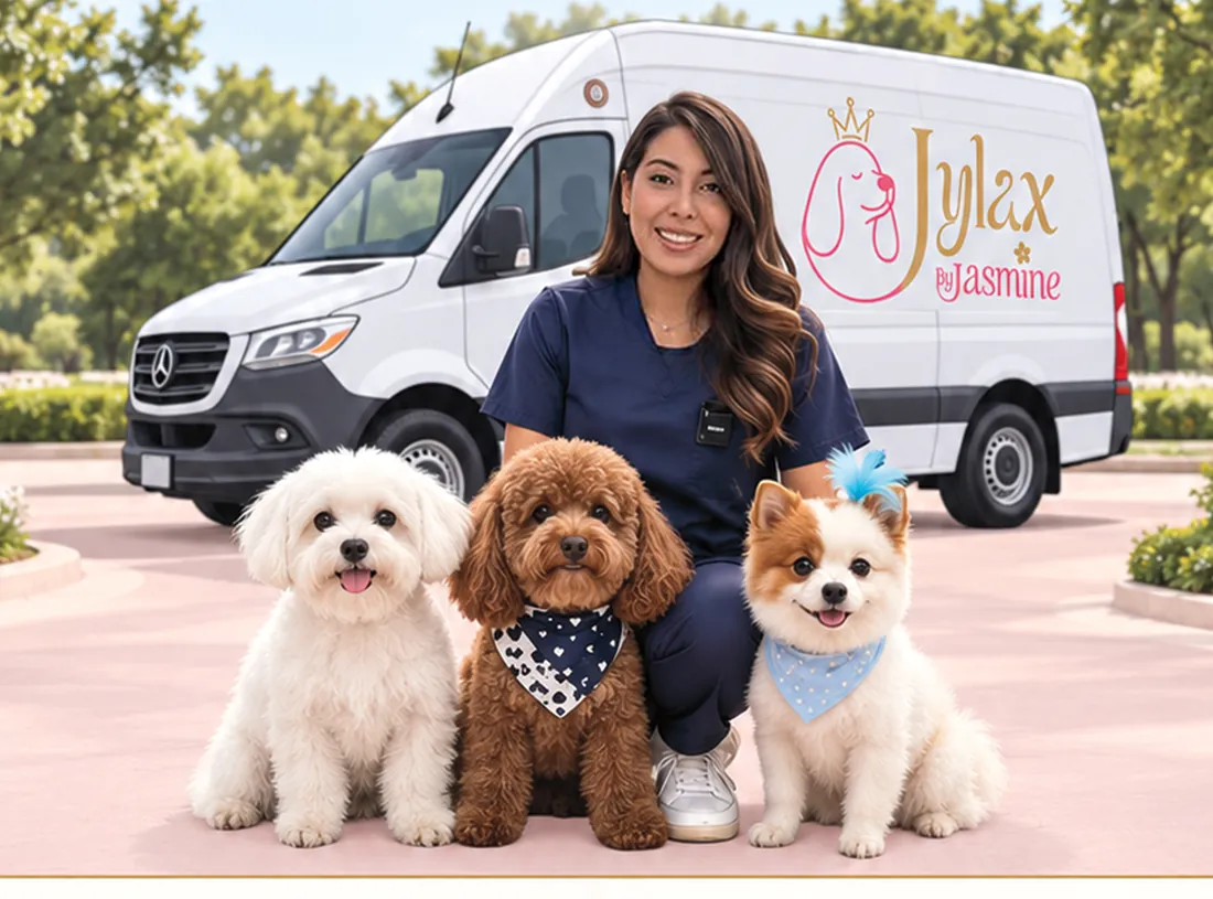 Jasmine with three dogs beside the JYLAX mobile grooming van